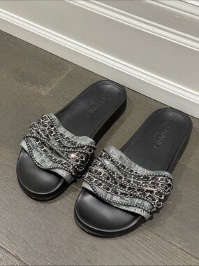 CHANEL Black Slide Sandals with Silver Chain Trim